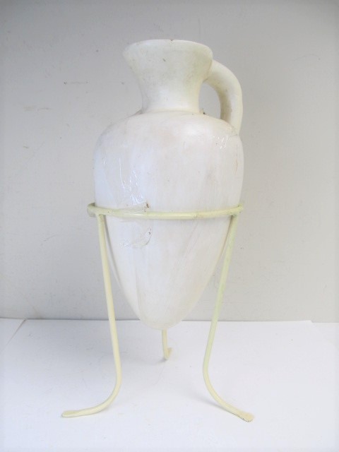 lot 237 image: Vintage Painted Terra Cotta Pitcher wIron Stand