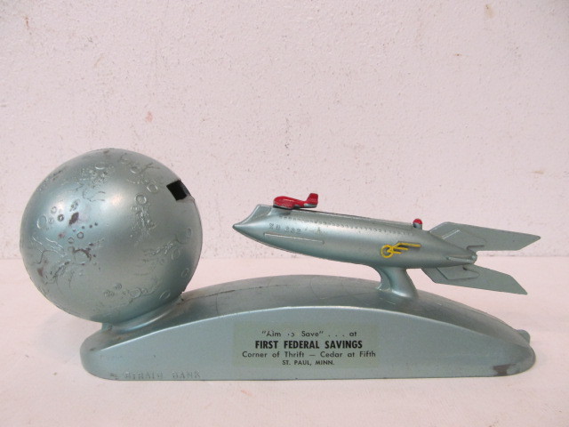 lot 177 image: Vintage Metal Rocket Ship STRATO Coin Bank - Saint Paul Bank