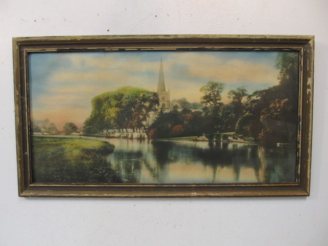 lot 138 image: Beautiful Vintage Colored Riverbank Church Print