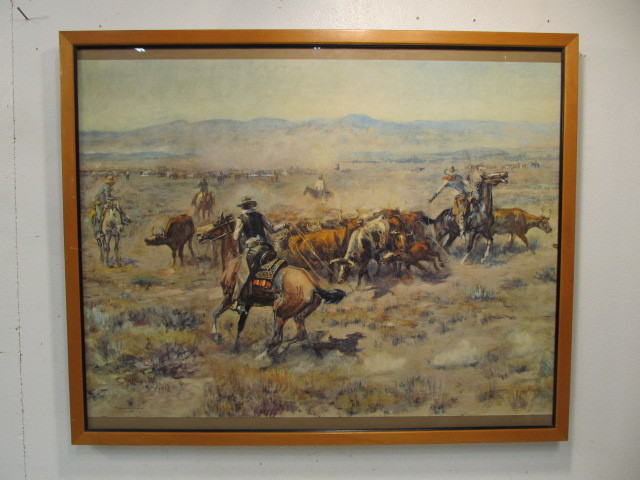 lot 51 image: Nice Vintage CM RUSSELL Round Up Western Scene Litho