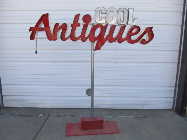 lot 45 image: Large Metal COOL ANTIQUES Lighted Sign