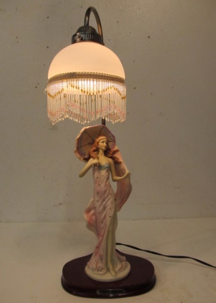 lot 120 image: Figural Woman Table Lamp wBeaded Glass Shade