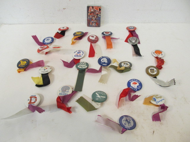 lot 113 image: Collection of Original Vintage 1960s-70s NFL Team Pinback Buttons wSealed Playing Cards