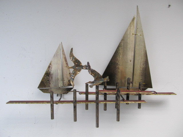 lot 5 image: Orig Vintage Mid Century Curtis JERE Bronze Wall Hanging - Dock Sailboats & Birds