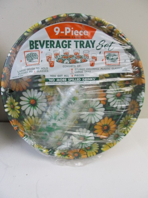 lot 301 image: 2 Vintage Mid Century Serving Trays wCups - NEW IN PACKAGE