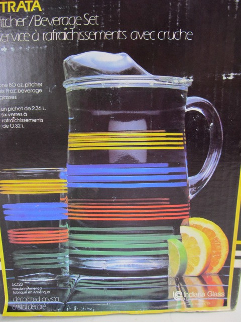 lot 304 image: NOS Vintage Retro Colorful Striped Pitcher & Glass Set