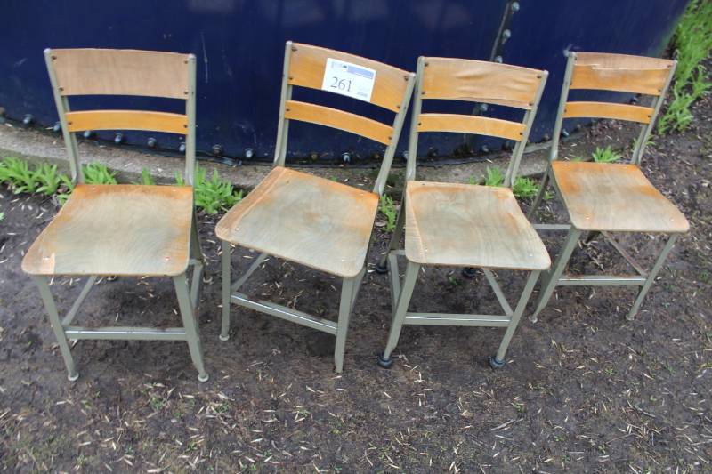 lot 261 image: Lot of (4) Wood School Chairs with Metal Frames