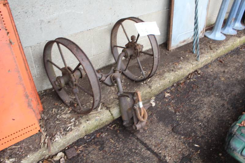 lot 341 image: 2-Metal Wagon Wheel Axle Assembly with Hitch