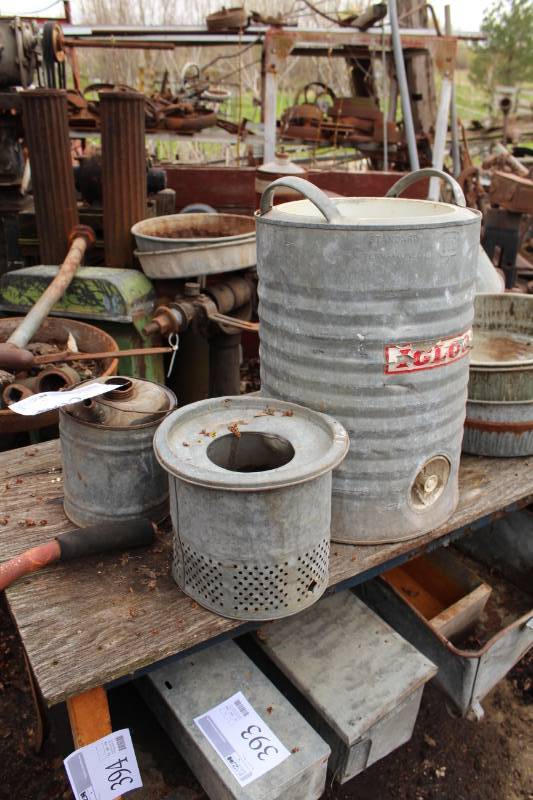 lot 392 image: Lot of (3) Metal Gas Can, Metal Cooler, Metal Bait Bucket