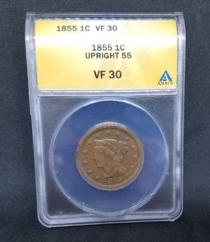 lot 8 image: ANACS Graded 1855 1 Cent VF 30 Upright 55 coin