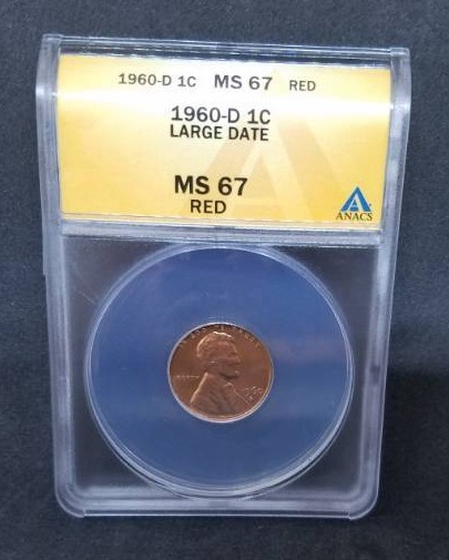 lot 15 image: ANACS Graded 1960 - D 1 cent MS 67 Red Large Date Graded Coin