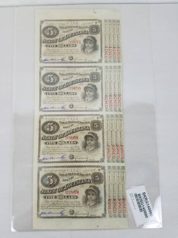 lot 17 image: State Of Louisiana Five Dollar $5.00 United States Bond, Approved In April 1880.