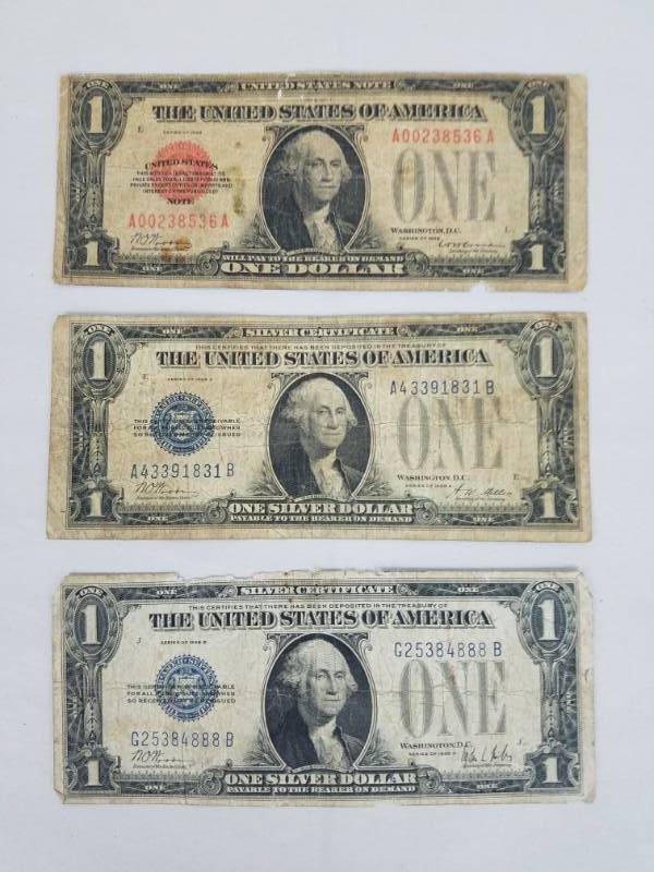 lot 19 image: United States Silver Dollar Certificate 1928, 1928 A, and 1928 B