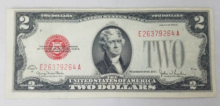lot 22 image: United States of America Two Dollar Bill from 1928 G Red Seal
