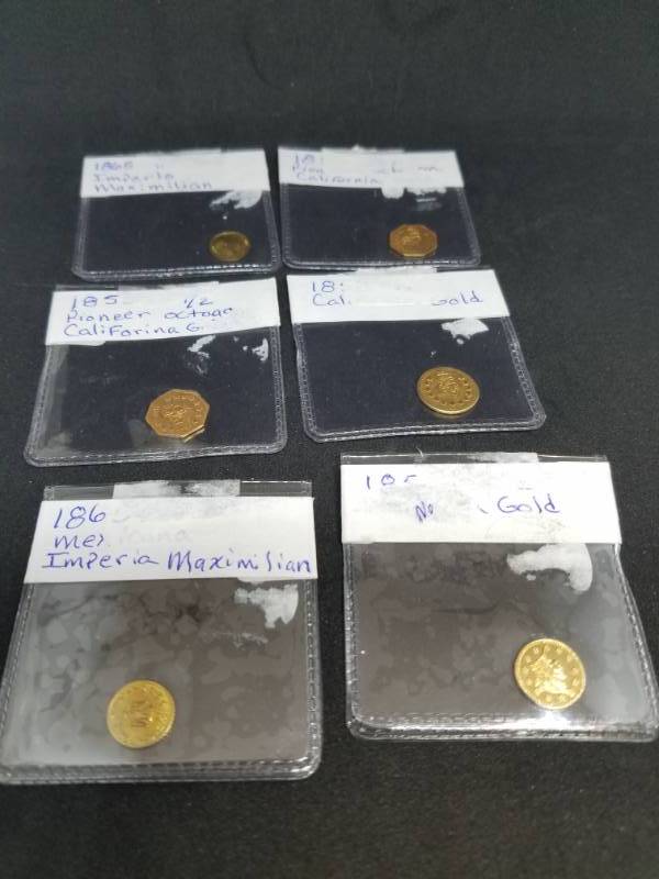 lot 33 image: Lot of six California Pioneer & Imperial Maximilian coin reproductions