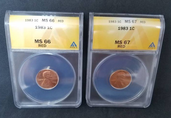 lot 35 image: 1983 1 cent MS 66 RED & 1983 1 cent MS 67 RED graded coin