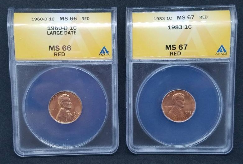 lot 36 image: ANACS Graded 1960-D MS 66 RED Large Date & 1983 1 cent MS 67 RED Coins