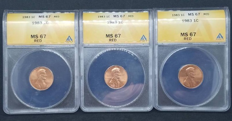 lot 37 image: Lot of 3 1983 1 cent MS 67 RED Graded Coins