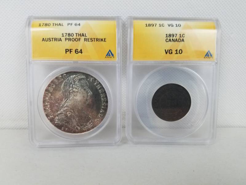 lot 44 image: ANACS Graded 1780 THAL PF 64 Austria Proof Restrike & 1897 1c VG 10 Canada coins