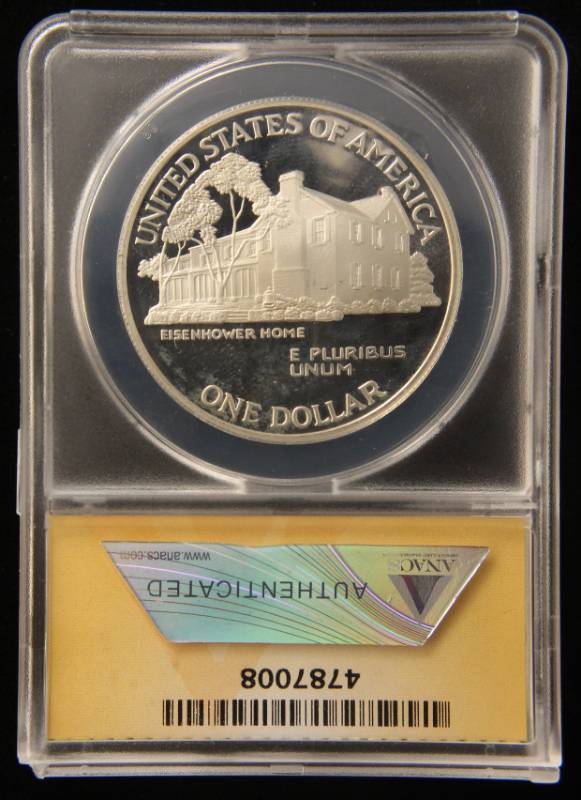 lot 07 image: 1990-P PROOF EISENHOWER SILVER DOLLAR COMMEMORATIVE PF68DCAM ANACS