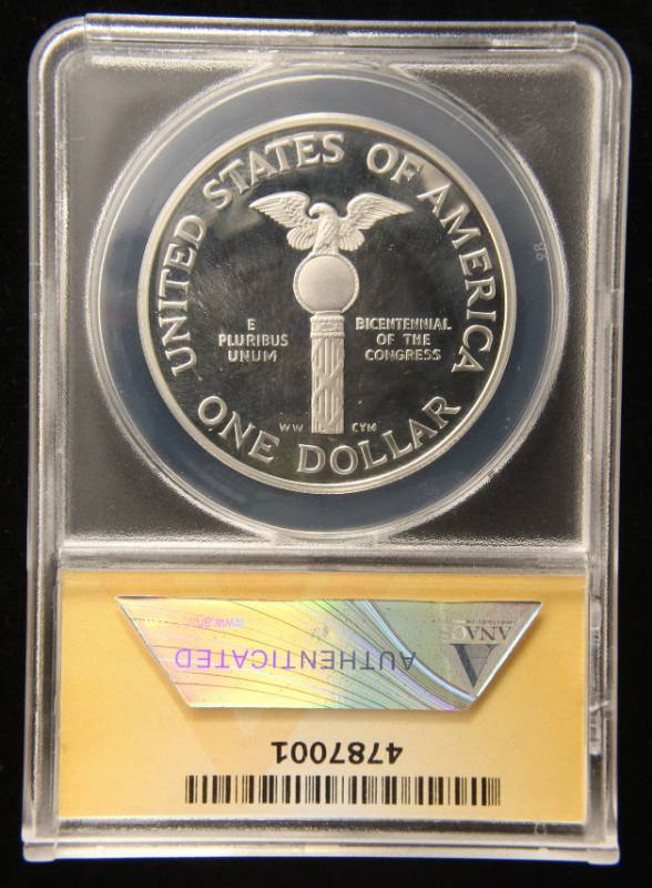 lot 15 image: 1989-S PROOF CONGRESS SILVER DOLLAR COMMEMORATIVE PF68 DCAM ANACS