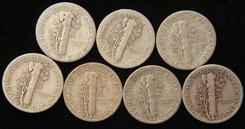 lot 16 image: GROUP OF 7 MERCURY DIMES