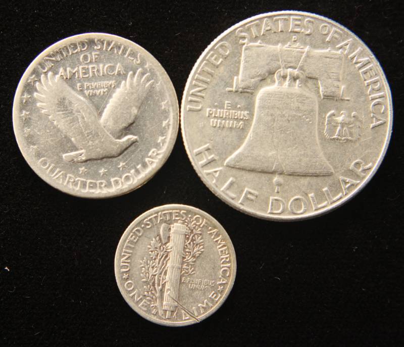 lot 23 image: 3 COINS 1963-D FRANKLIN 50C 1926-D STANDING LIB 25C 1943-S MERCURY 10C