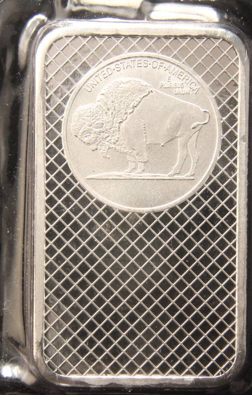 lot 28 image: 5 TROY OZ. .999 FINE SILVER BAR INDIAN BUFFALO DESIGN SEALED