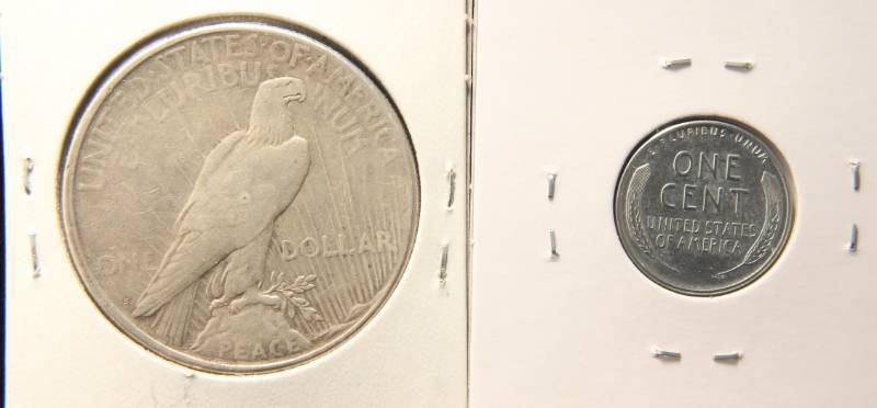 lot 40 image: 2 COINS 1923-S PEACE SILVER DOLLAR 1943-D WWII STEEL WAR CENT