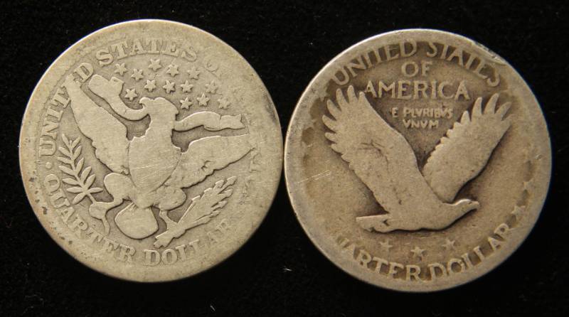 lot 42 image: 2 SILVER QUARTERS 1910 BARBER 1926 STANDING LIBERTY