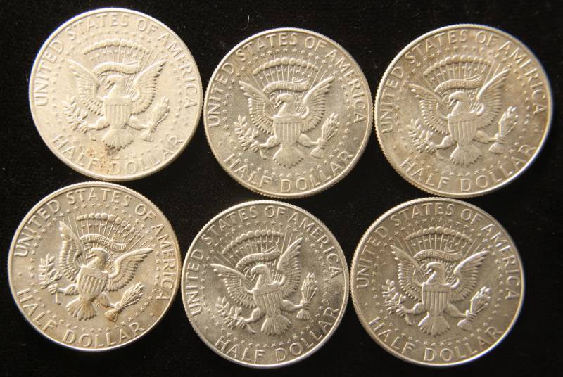 lot 47 image: GROUP OF 6 KENNEDY 40% SILVER HALF DOLLARS AU-UNC