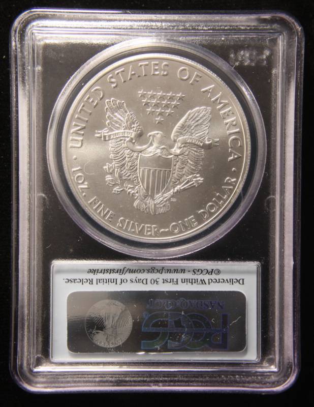 lot 56 image: 2012(W) AMERICAN SILVER EAGLE 1 TROY OZ. .999 FINE SILVER MS70 PCGS FIRSTSTRIKE