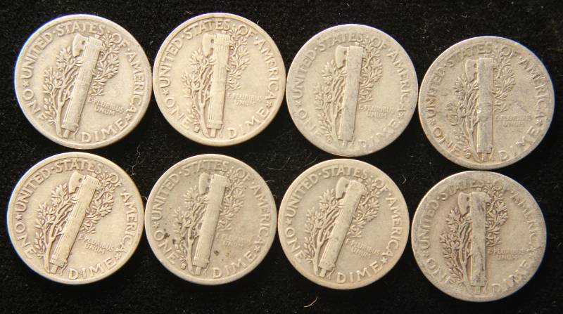 lot 57 image: GROUP OF 8 MERCURY DIMES AS PICTURED