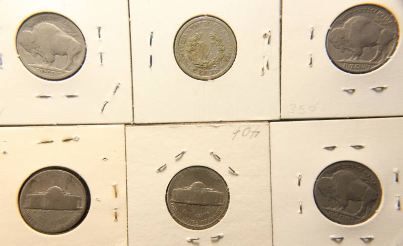 lot 86 image: 6 NICKELS 1911 V 1918 1936 1936-S BUFFALO 1939-S 1943-D (SILVER) JEFFERSON