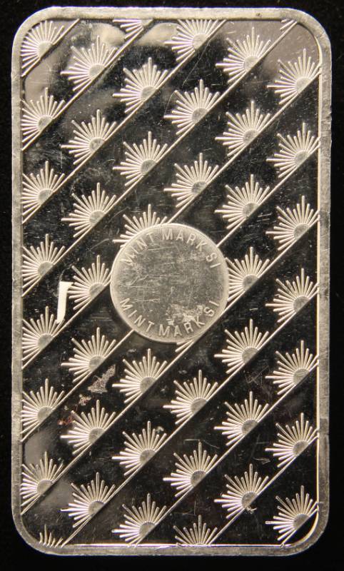 lot 90 image: 5 TROY OZ. .999 FINE SILVER BAR SUNSHINE MINTING
