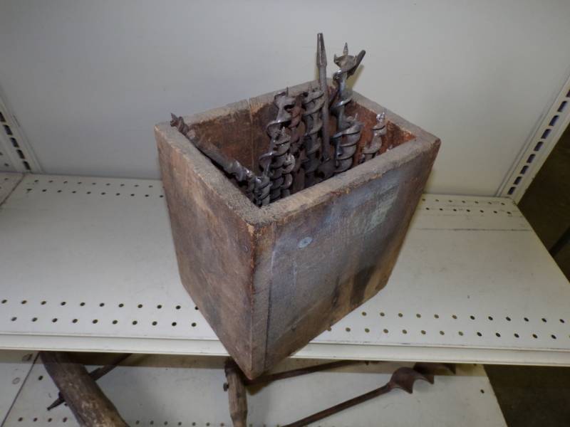 lot 38 image: Vintage Wood Box with Vintage Drill Bits