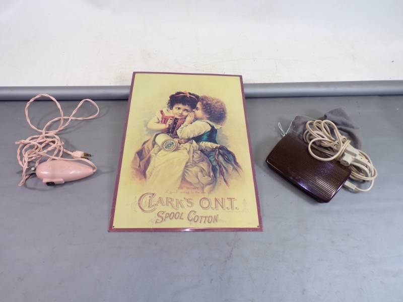 lot 60 image: Singer Foot Pedal, Dritz Fabric - Paper cutter, Clarks ONT Metal Sign