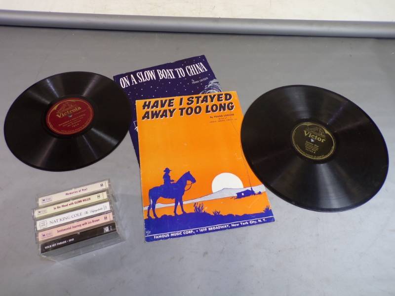 lot 62 image: 1940s music sheets, cassette tapes, VictrolaVictor 78 records