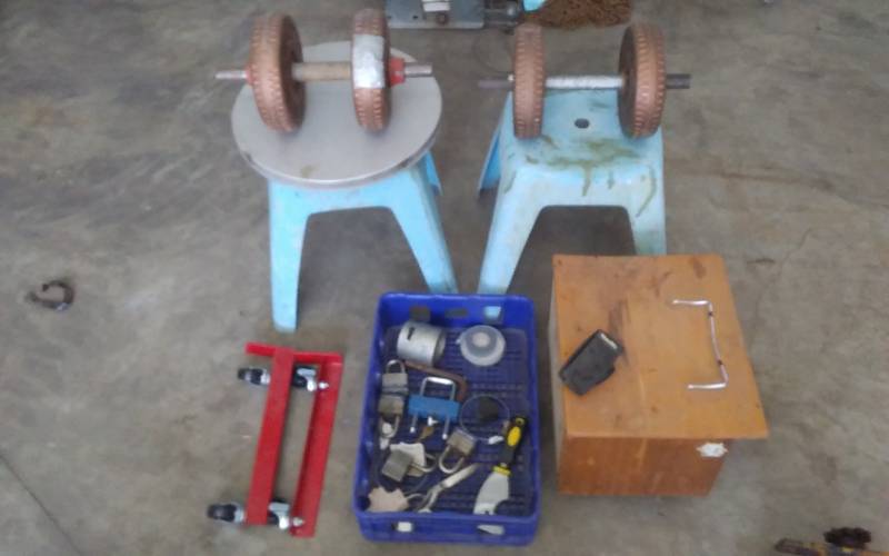 lot 70 image: 2-Stools, Dumb-Bells, Bin Of HardwareMisc, Console Organizer With Maps