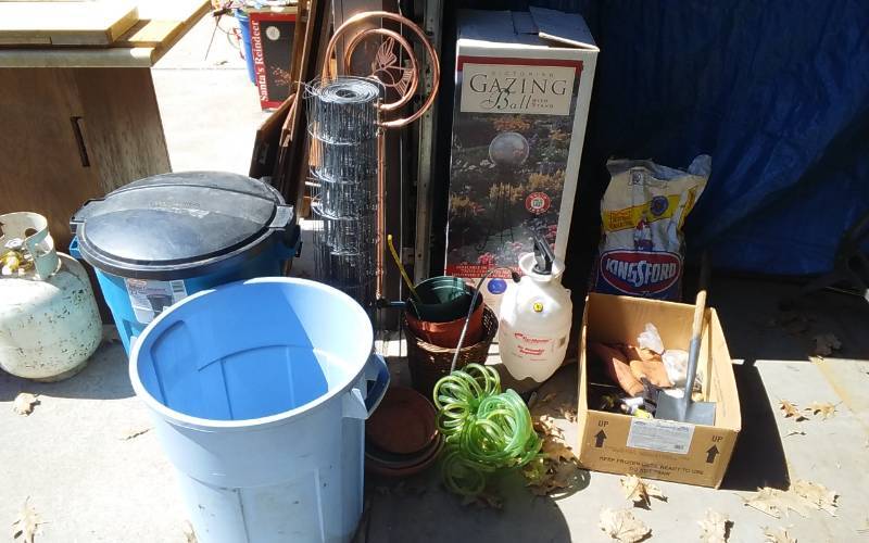 lot 72 image: Gazing Ball With Stand, Copper Sprinkler, Sprayer & Other Garden Related, 2-Garbage Cans
