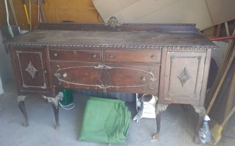 lot 92 image: Antique Side Board Buffet Cupboard (6-Feet Long x 22 Inches Deep, 43 Inches Tall At The Crown)