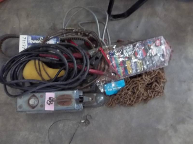 lot 63 image: Tongue, Light Bar, Jumper Cables, Snowmobile Belt, Assorted Chain, Misc