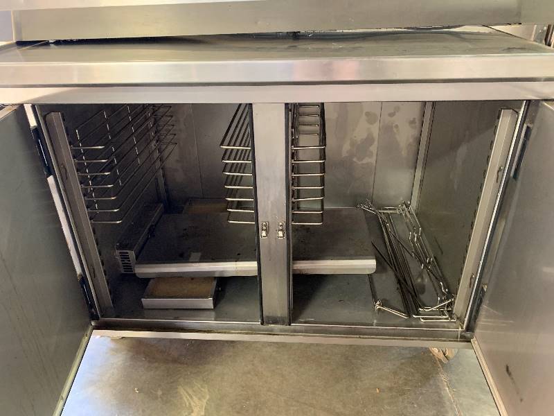 FEW, Mod #MT-1826-14, 2 door under counter warming cabinet, NSF, work table top wcutout, caster mounted, 120 volts, 15.8 amps, SN 112949101, 72x34x37H w1.5 right & rear splash guard
