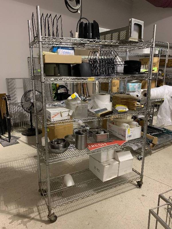 5 tier Chrome Shelf on Casters all contents included 60X18X72