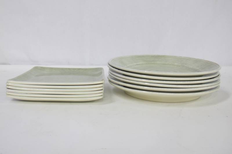 lot C8 image: Set of 12 Carlisle Jade Colored Plates (12.5 Round Chargers x 6)  (9 Square Plates x 6)