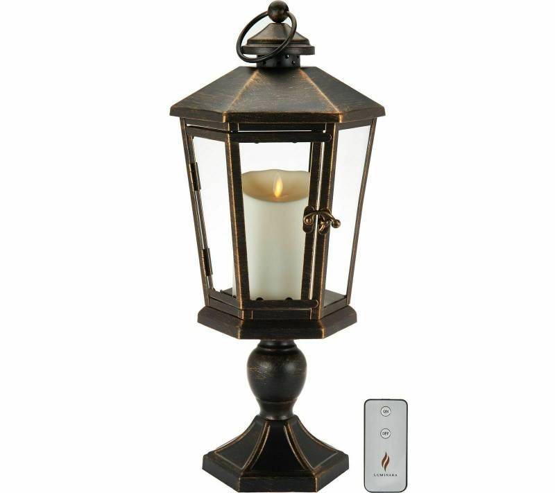 lot 104 image: Pair of Luminara 17 Windsor Lanterns with Pedestal & Flameless Candle (Bronze)
