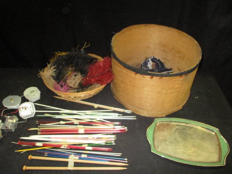 lot 2 image: 10x 14 Cheese Box full of Knitting Needles, Whicker Basket with Feathers and clock motors