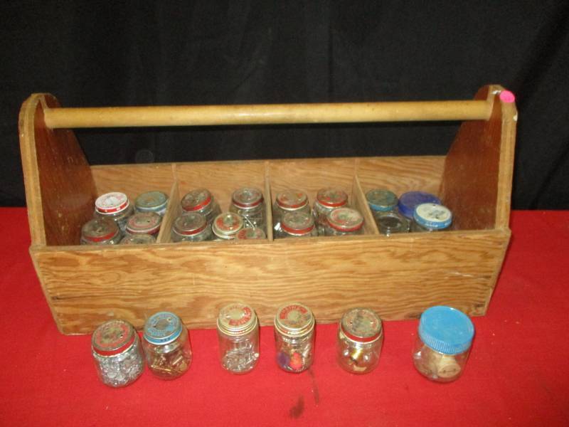 lot 22 image: Vintage  Carpenters Box filled with Jars and Screws