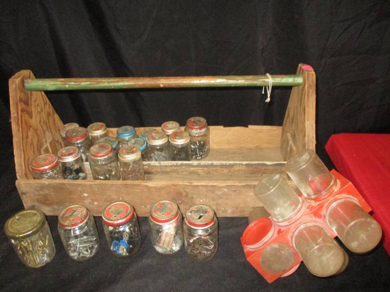 lot 23 image: Vintage Carpenters Box filled with Jars and Screws