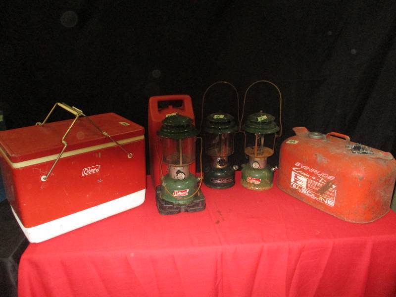 lot 54 image: Coleman Cooler, 3 Lanterns and Evinrude Gas Tank
